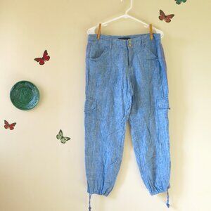 Anthropologie Sanctuary 100% Linen Blue Chambrey Cargo Joggers Long Pants Sz. 27